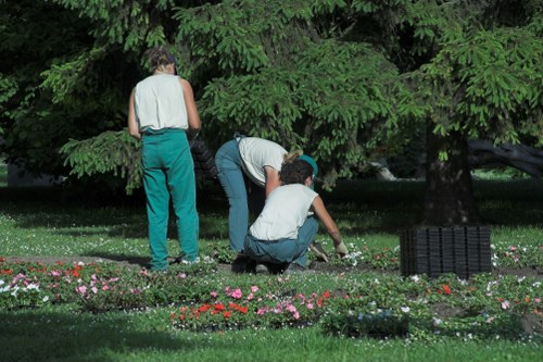 In the outdoor garden space outside Lewisham, three individuals are engaged in gardening activities under the canopy of large, lush green trees. The person standing is wearing turquoise trousers and a sleeveless top, while the other two, one crouching and one bending over, are dressed in casual clothing and are actively tending to flower beds. The garden features a well-maintained grassy area with vibrant flower borders displaying small, colorful blooms in shades of pink, red, and white. The ground is covered with rich, dark soil around the flower beds, and there is a black plastic garden grower on the right side of the image. The scene suggests a peaceful, landscaped yard with natural light filtering through the trees, highlighting the green foliage and providing a pleasant environment suitable for professional gardening services in Lewisham, supporting healthy plant growth and outdoor maintenance.